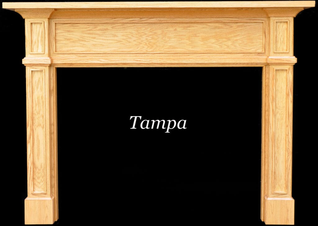 A wooden fireplace with tampa written on it.