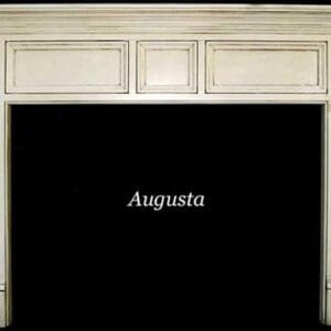 A fireplace mantle with two drawers and a black background.