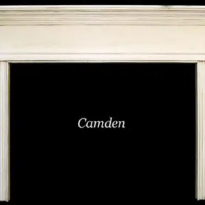 A white fireplace with the word camden written on it.