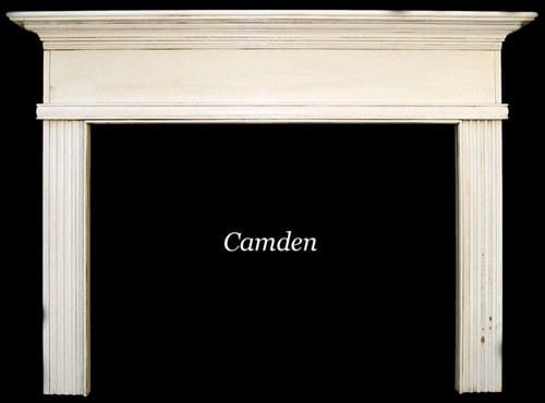 A white fireplace with the word camden written on it.