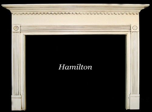 A fireplace with the word hamilton written above it.