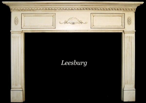 A fireplace mantle with the name leesburg written above it.