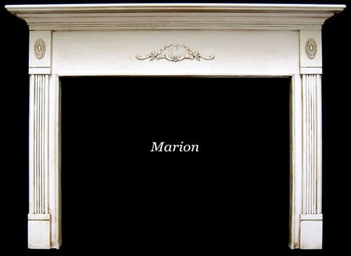 A fireplace with the name marion on it.