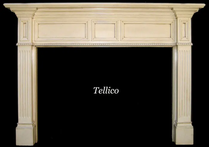 A fireplace mantle with the words " tellico " above it.