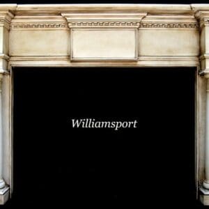 A fireplace mantle with the name williamsport written above it.