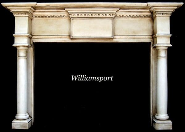 A fireplace mantle with the name williamsport written above it.