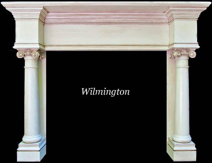 A fireplace with pillars and the word wilmington