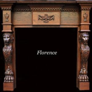 A fireplace with wooden carvings and the name florence.