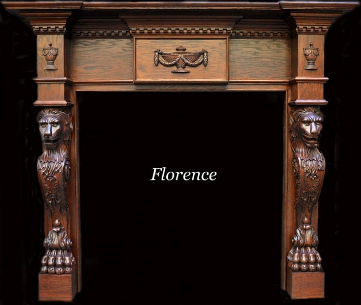 A fireplace with wooden carvings and the name florence.