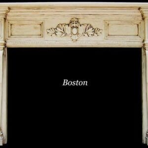 A fireplace mantle with boston written on it.