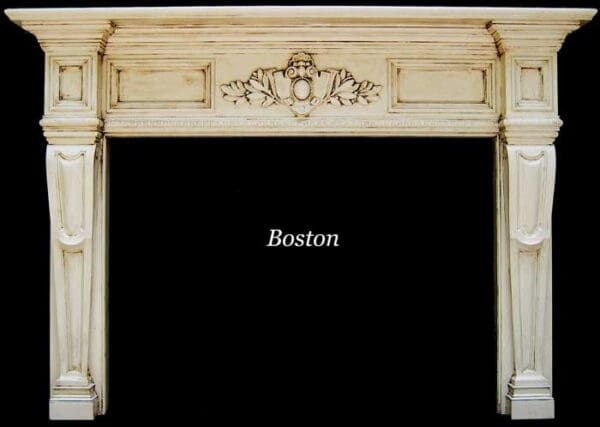 A fireplace mantle with boston written on it.