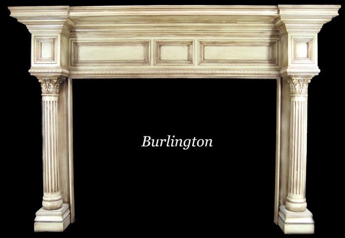 A fireplace mantle with the words burlington written above it.