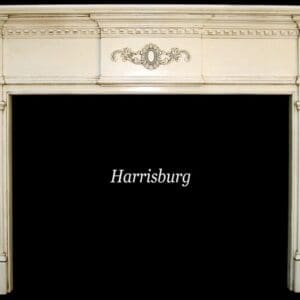 A white fireplace with the word " harrisburg " above it.