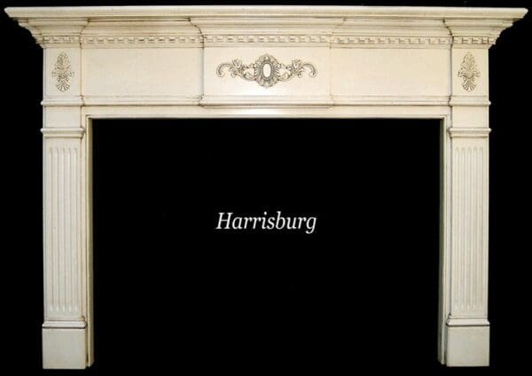 A white fireplace with the word " harrisburg " above it.