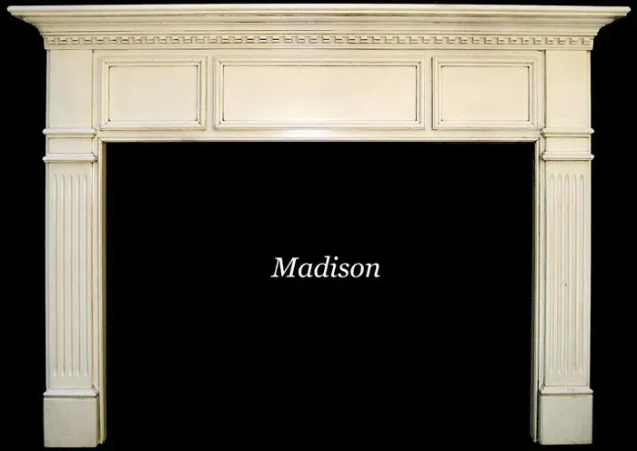 A fireplace mantle with the name madison on it.