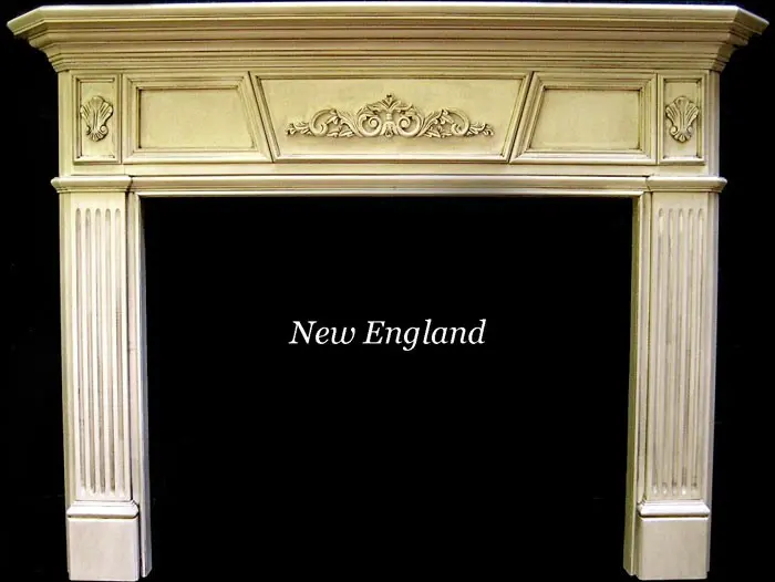 A fireplace with the words " new england " written on it.