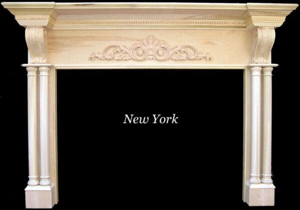 A fireplace mantle with the words new york written above it.