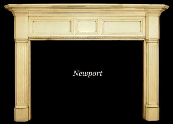 A fireplace mantle with the name newport written above it.