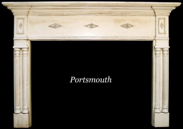 A white fireplace mantle with the word portsmouth written underneath it.