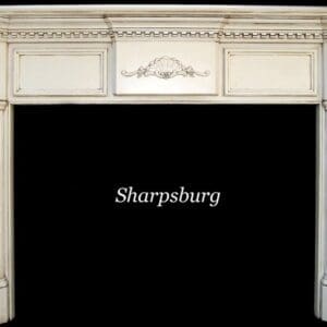 A fireplace mantle with the name sharpsburg written above it.