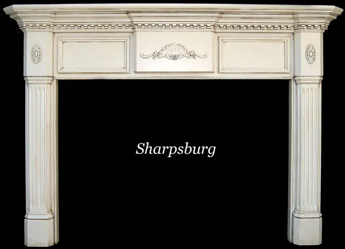 A fireplace mantle with the name sharpsburg written above it.