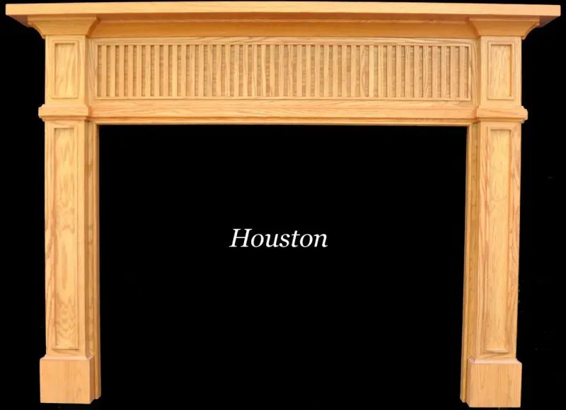 Wooden fireplace mantel with lattice design.