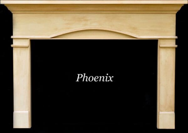 Wooden fireplace mantel with arched top.