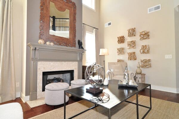 Living room with fireplace and decor.